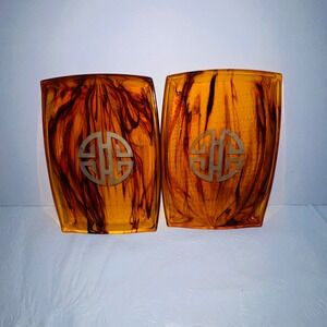 Vintage Tortoise Shell Acrylic Shou Symbol Decorative Trinket Tray Set of 2